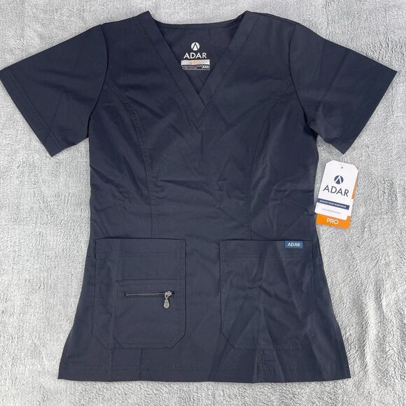 Adar Pro Scrub Top Women's 2XS Black Tailored Fit Short Sleeve V-Neck Pullover - Picture 1 of 11